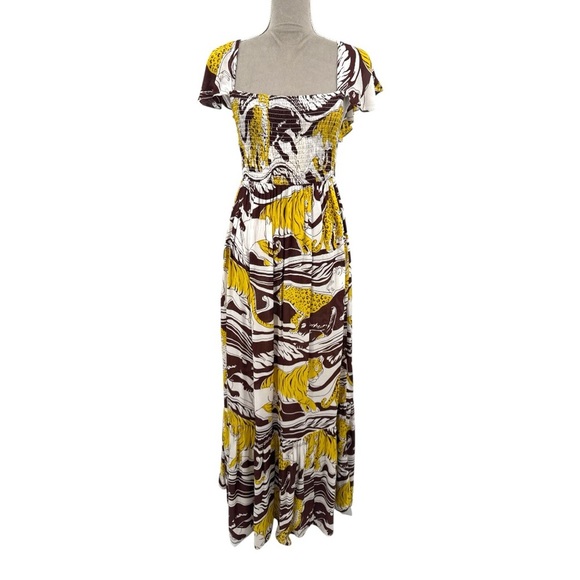 Anthropologie Short Sleeve Ruffled Smocked Maxi Dress Brown Panther Print Small - Picture 3 of 11